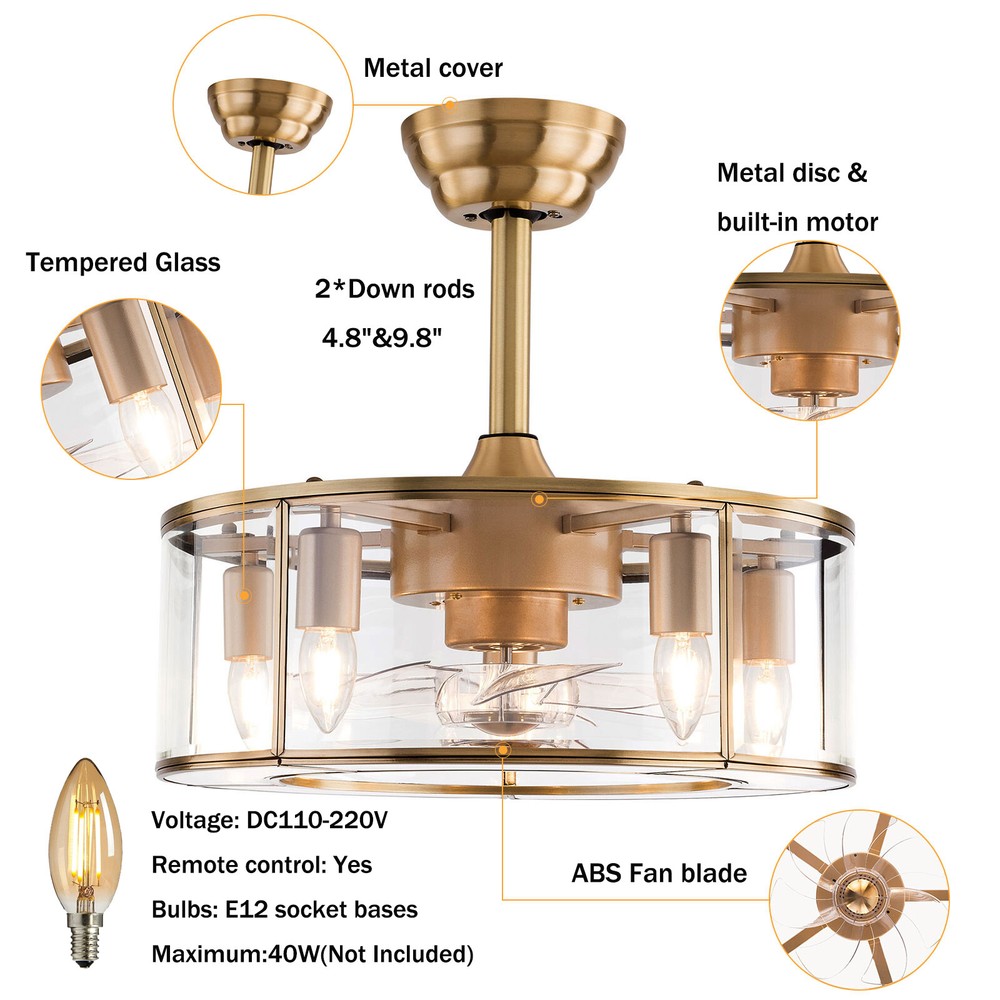 18in Ceiling Fan Light Gold Retro 2 in 1 Light and Fan Memory Function w/ Remote