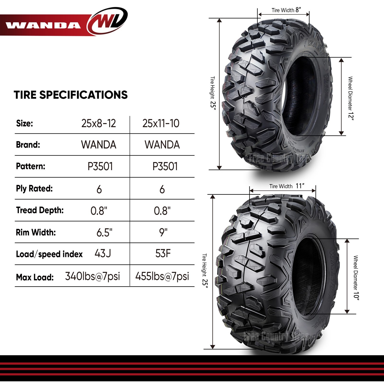 Set 4 WANDA ATV UTV Tires 25x8-12 25x8x12 Front 25x11-10 25x11x10 Rear 6PR