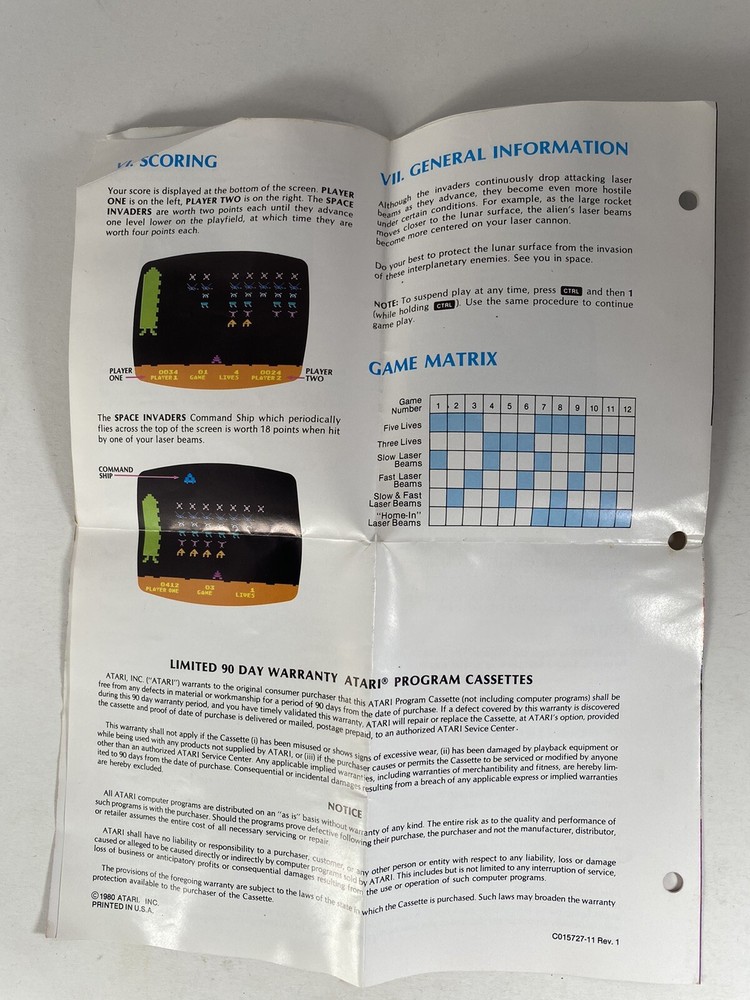 Atari 400/800 Space Invaders Vintage 1980 Computer Game Original Manual Only