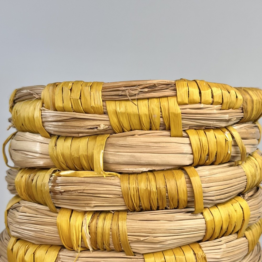 Wicker Coiled Bottleneck Vase 14.5” Floor Tabletop Boho Decor Yellow Stripe