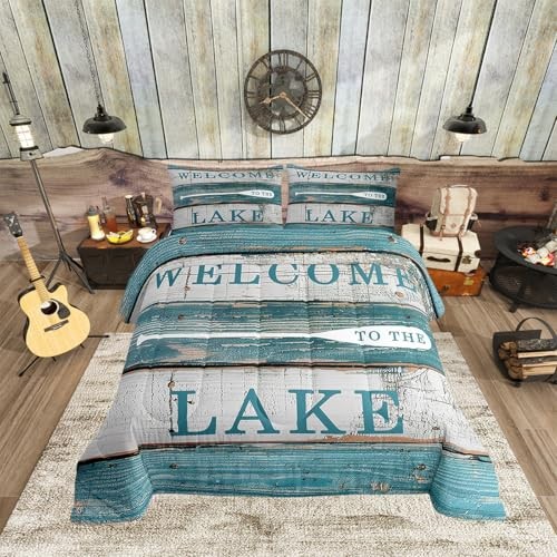 Rustic Camping Comforter Set Size, Lake Theme Quilt Set with 2 Full Lake 02