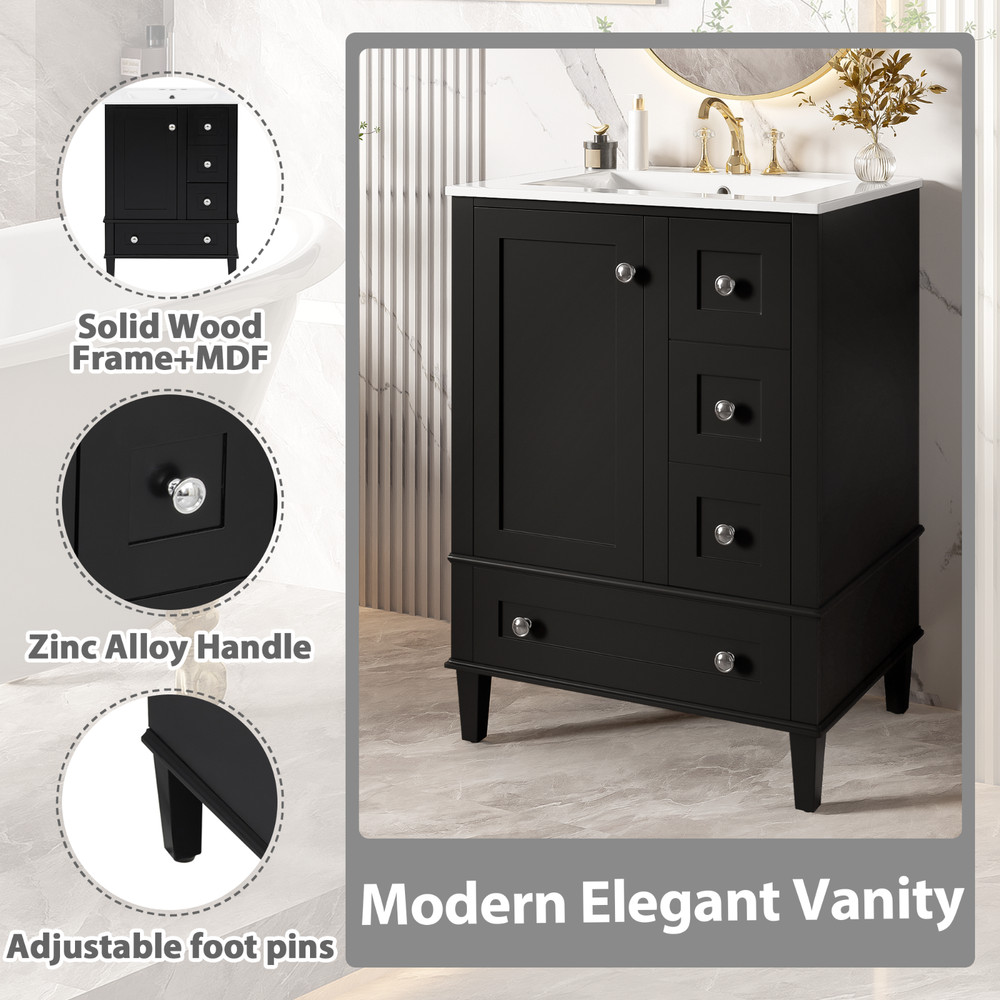 24" Bathroom Vanity with Ceramic Sink &Soft-close Drawers &Double-Layer Shelf
