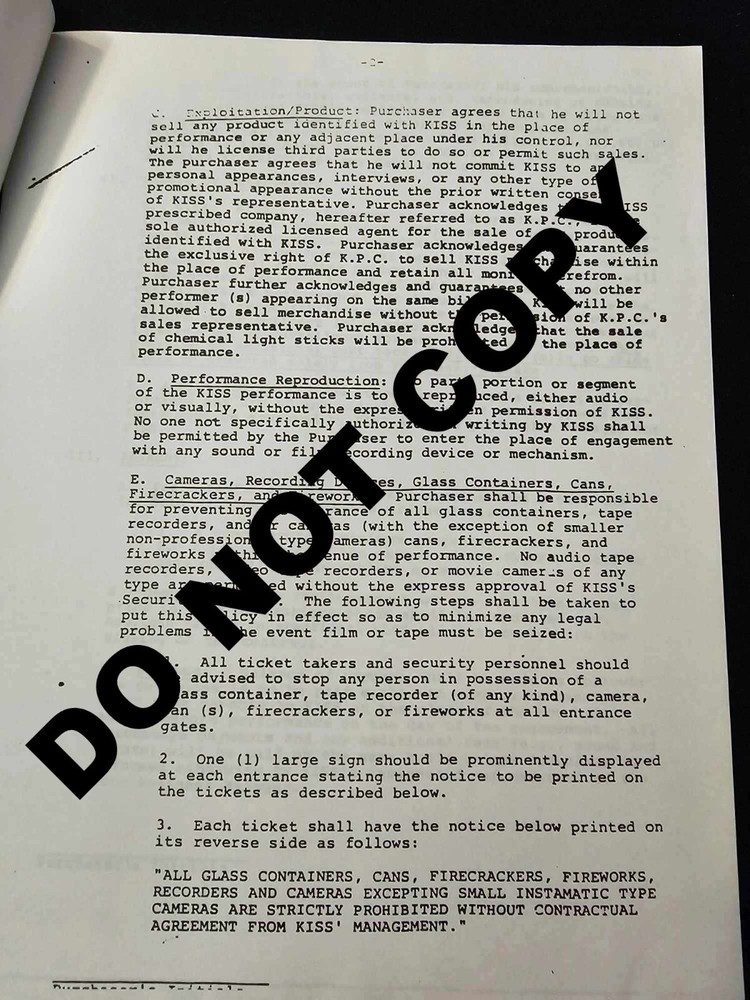 KISS Contract Rider 1982/83 PHOTOCOPY