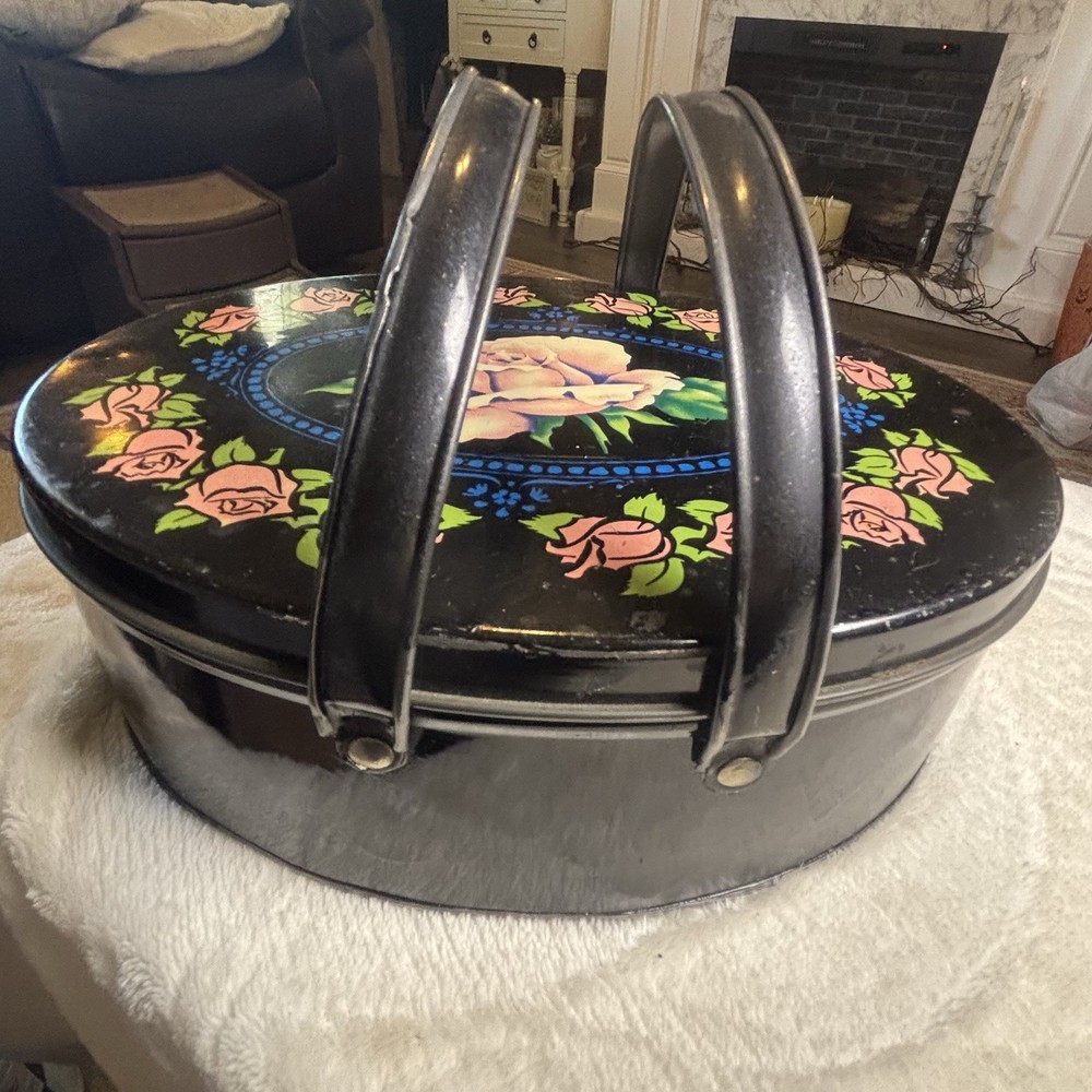 1950s Litho Pink Rose Sewing Button Storage Tin Granny Cottage Core