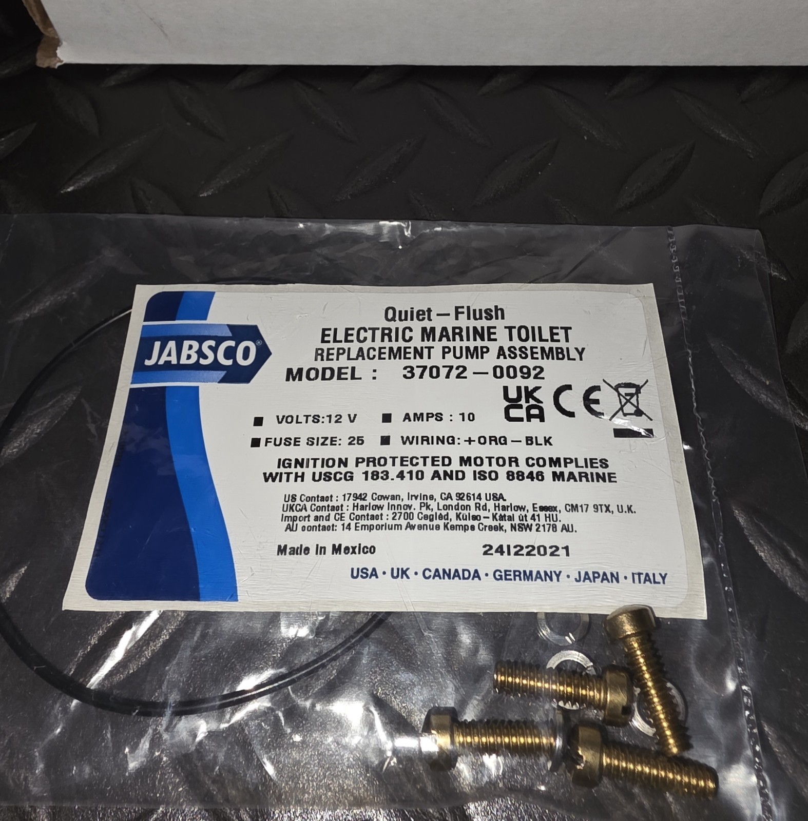 GENUINE Jabsco marine 37072-0092 Waste Pump Assembly Quiet Flush 12V, NEW