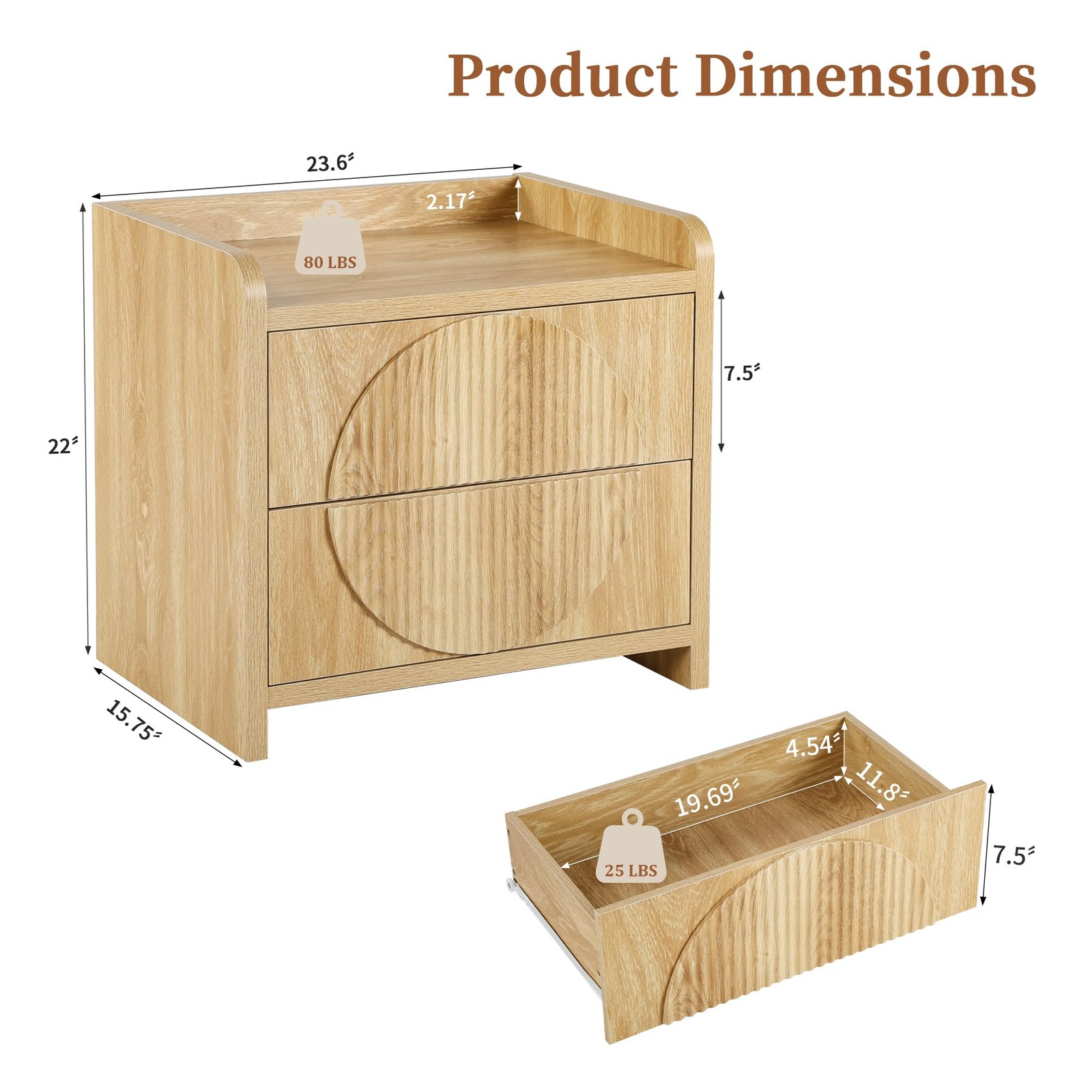 24 Inch Wide Fluted Nightstands Large Night Stand with 2 Drawers