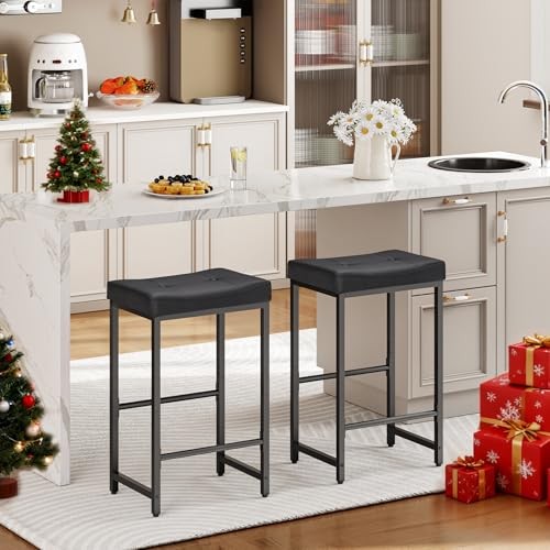Bar Stools,25.4" Saddle Stools with PU Upholstery, Counter Height Stools Black