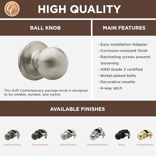 Ball Door Knob - Non-Locking Keyless 6 Pack Satin Stainless Passage Function