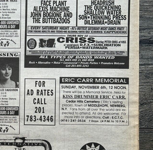 KISS Concert Ad Advert PETER CRISS 1994 Obsessions NJ Vintage Kiss A ERIC CARR