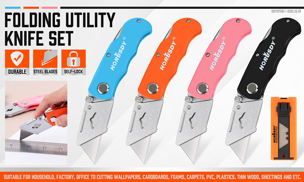 4-Pack Folding Utility Knife Box Cutter Extra 10pcs SK5 Quick Change Blades