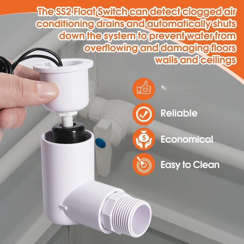 SS2 Float Switch L-Shape with 3/4'' Adaptor,for HVAC Drain Pan Condensate Outlet