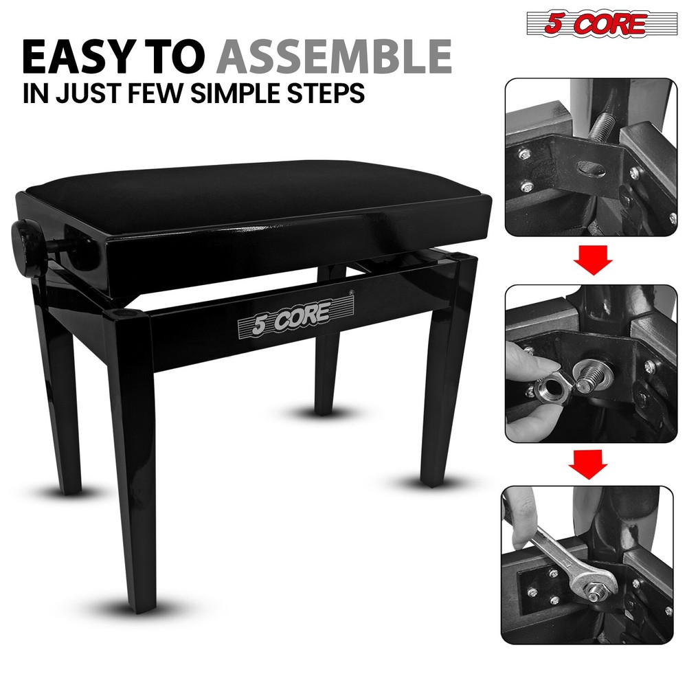 5 Core Adjustable Piano Bench Thick Padded Solid Wood Keyboard Stool Heavy Duty