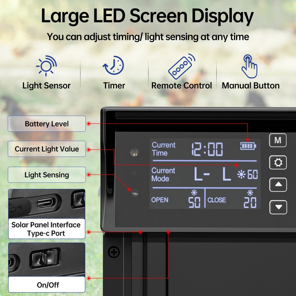 Automatic Solar Chicken Coop Door 4 Modes w/ Timer & Light Sensor Remote Control