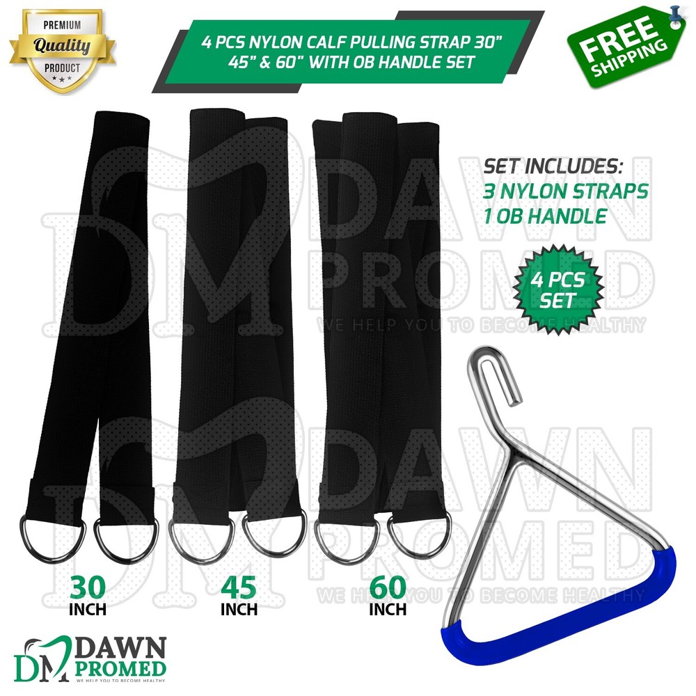 4 Pcs Nylon Calf Pulling Strap 30" 45" & 60" With OB Handle Set For Cattle Birth