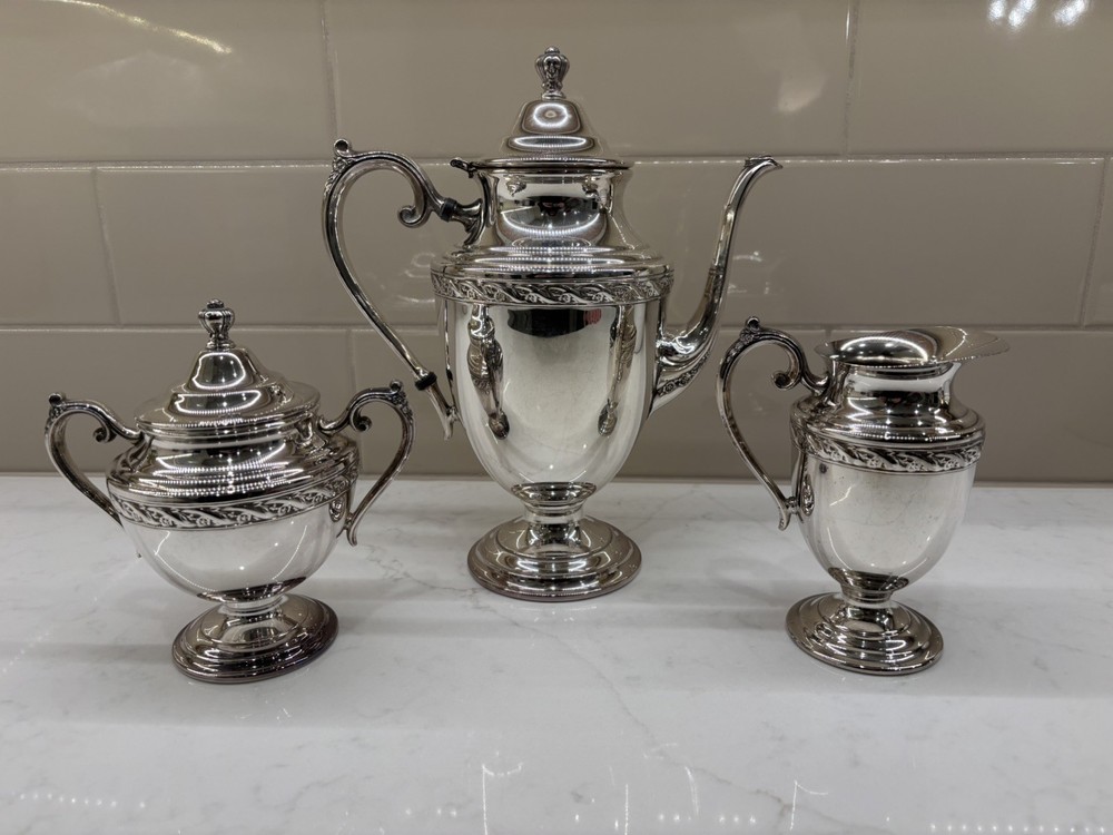 Vtg. Rogers & Son Silver-plated Tea Set —Coffee/Tea Pot, Sugar & Creamer