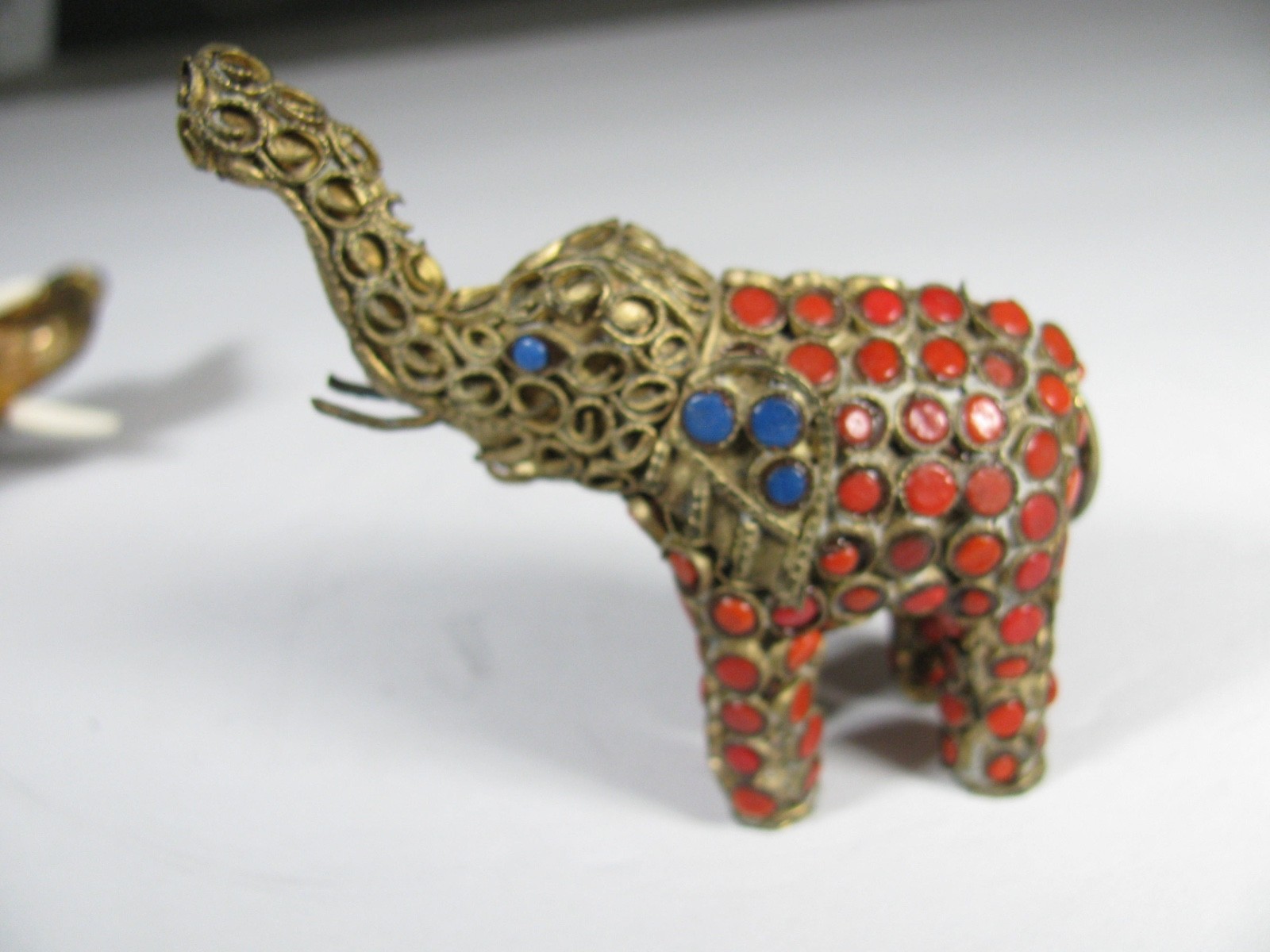 Lot 2 Vintag Tibet or Nepal Elephant Brass Lapis Coral Inlaid Filigree Figurine