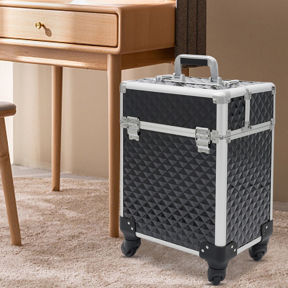 Professional Rolling Makeup Case with Aluminum Frame and Large Capacity