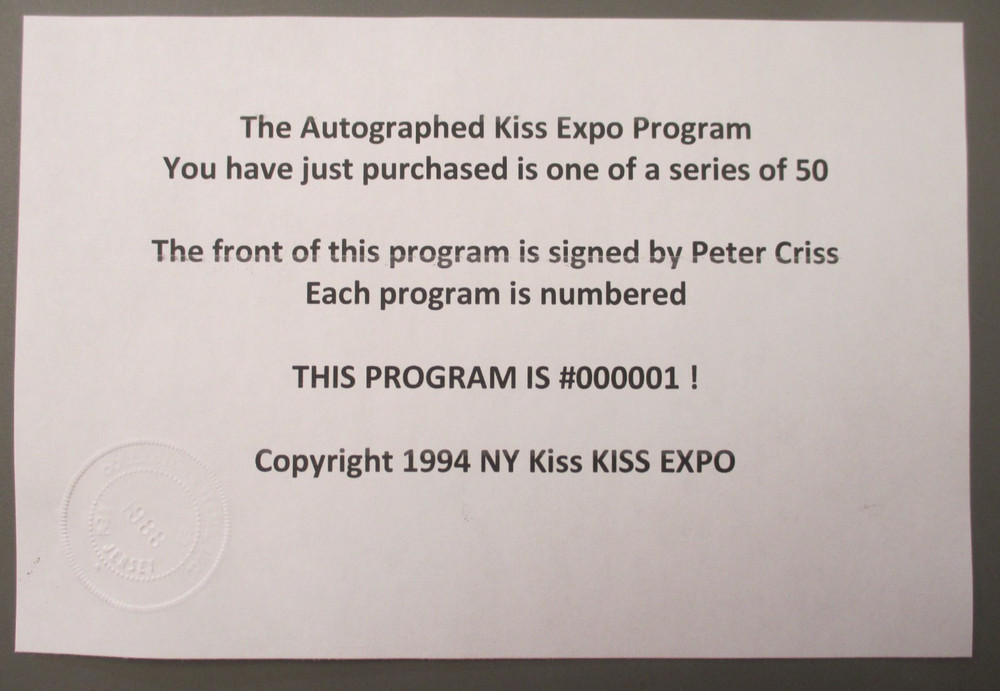 KISS Convention program 1994 signed by Peter Criss #000001 PLUS ticket + COA !