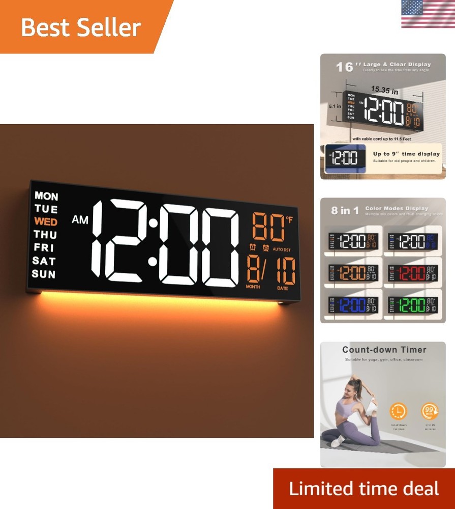 16" Large Digital Wall Mount Clock, Count Down Timer, Alarm, Big LED, RGB Col...