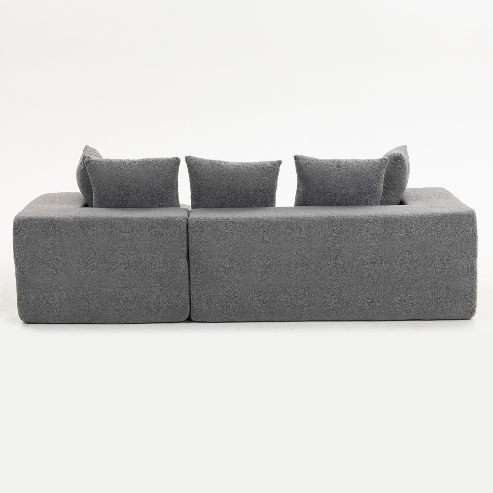 Modular L-Shaped Sectional Sofa w/ 5 Pillows - Soft Grey-Blue Upholstery