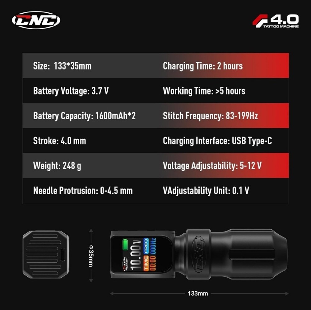 CNC E77Pro Wireless Tattoo Machine Adjustable Stroke LED Screen 2 Batteries CASE