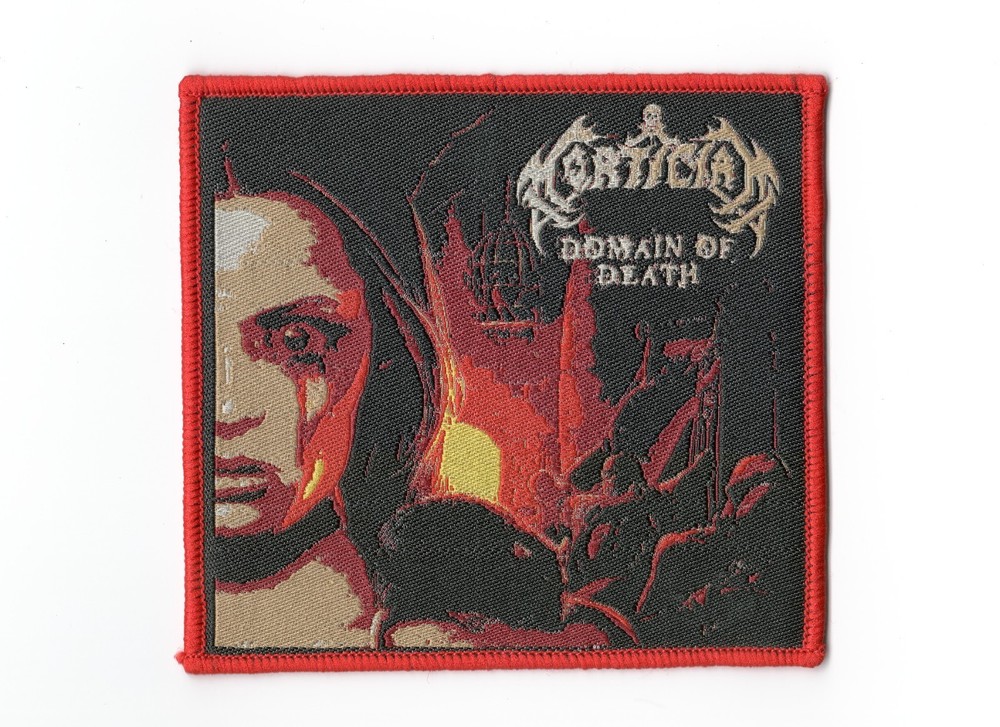 MORTICIAN,DOMAIN OF DEATH, SEW ON RED BORDER WOVEN PATCH