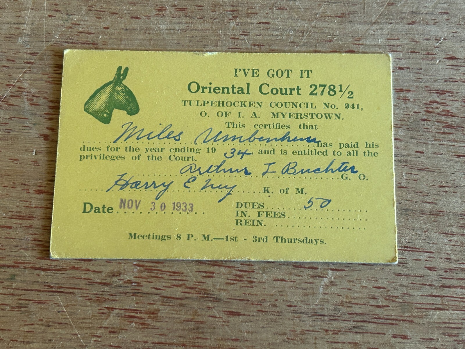 Order Independent Americans Member ID Card 1933 Myerstown Tulpehocken Council