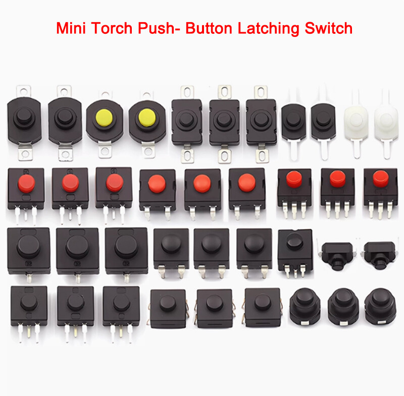 On/Off Push-Button Latching Switch for Mini Electric Torch Various Sizes Black