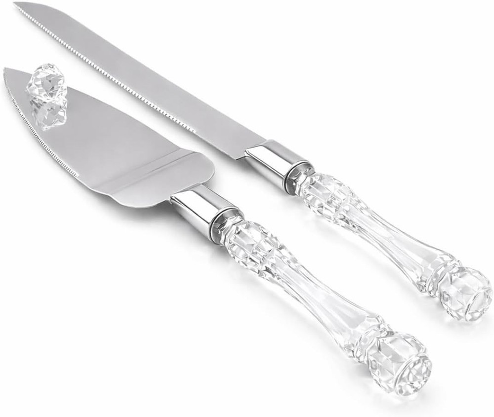 Crystal Handle Cake Cutting Set - 13 Inch Knife & 10.75 Inch Server for Elegance