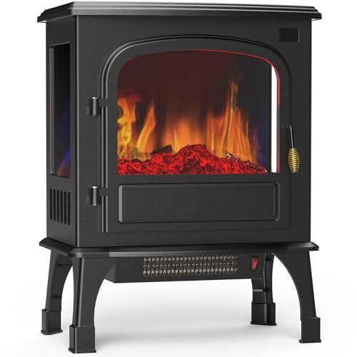 26" Freestanding Electric Fireplace Heater with 3D Flame Effect, Timer & Remote,