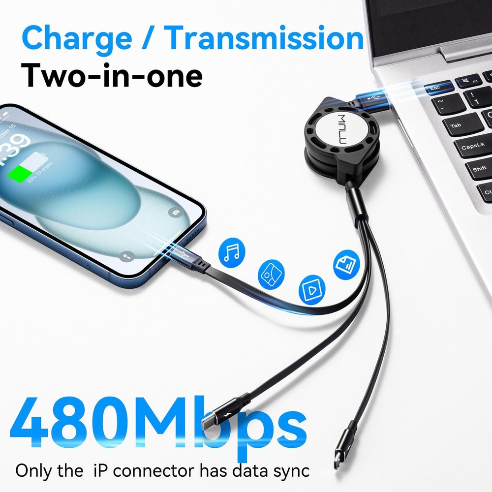MINLU Multi Charging Cable 3A, 2Pack 4ft Retractable 4 feet, Black