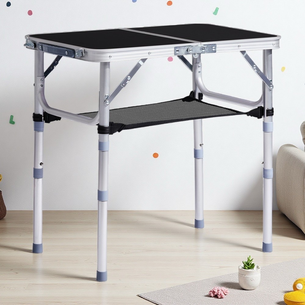 Folding Camping Table 2ft - Adjustable Mesh Storage Aluminum Frame Patio Black