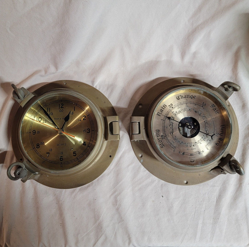 Ships Time Clock (Penco) & Barometer (Brand Unknown) -Tested - Brass - 9in