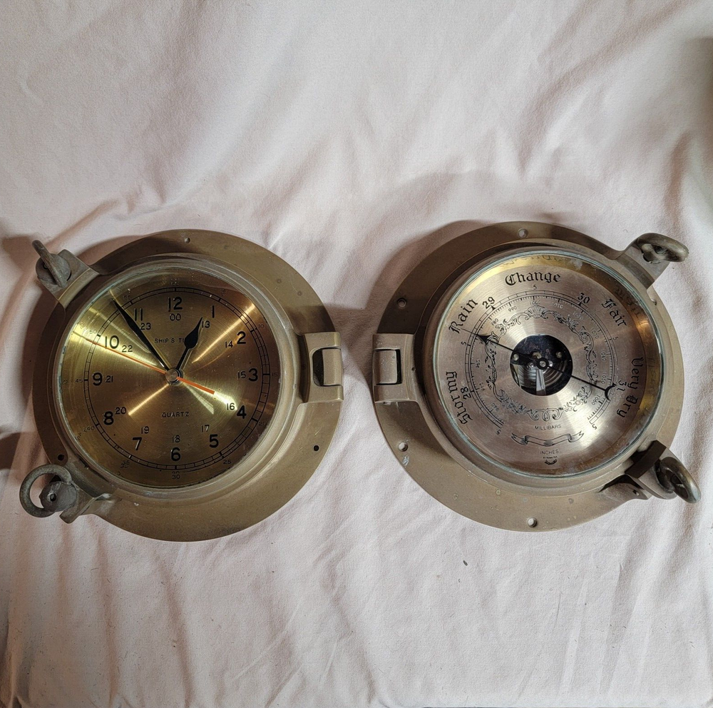 Ships Time Clock (Penco) & Barometer (Brand Unknown) -Tested - Brass - 9in