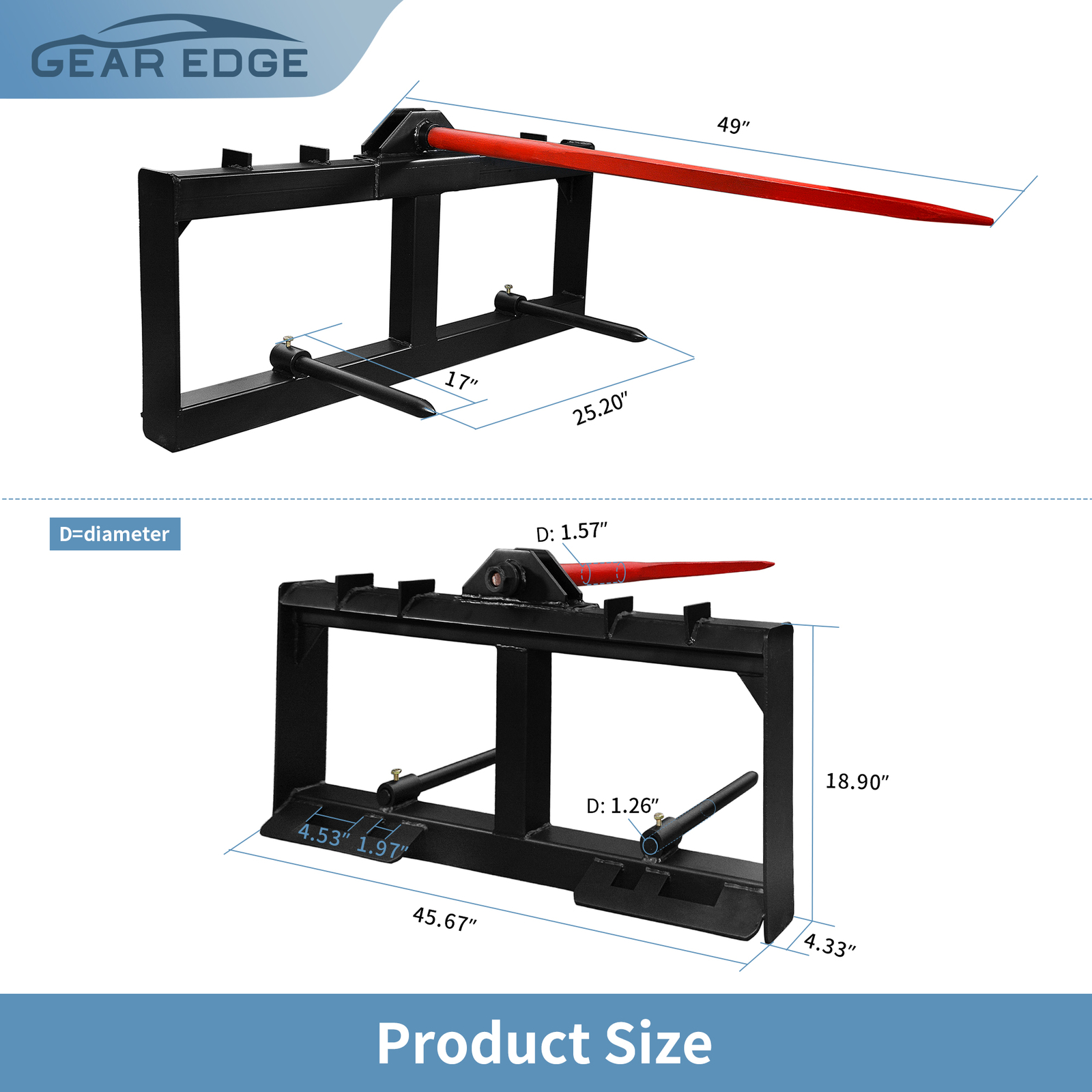 49in Quick Tach Hay Bale Spear for Skid Steer Tractor Loader