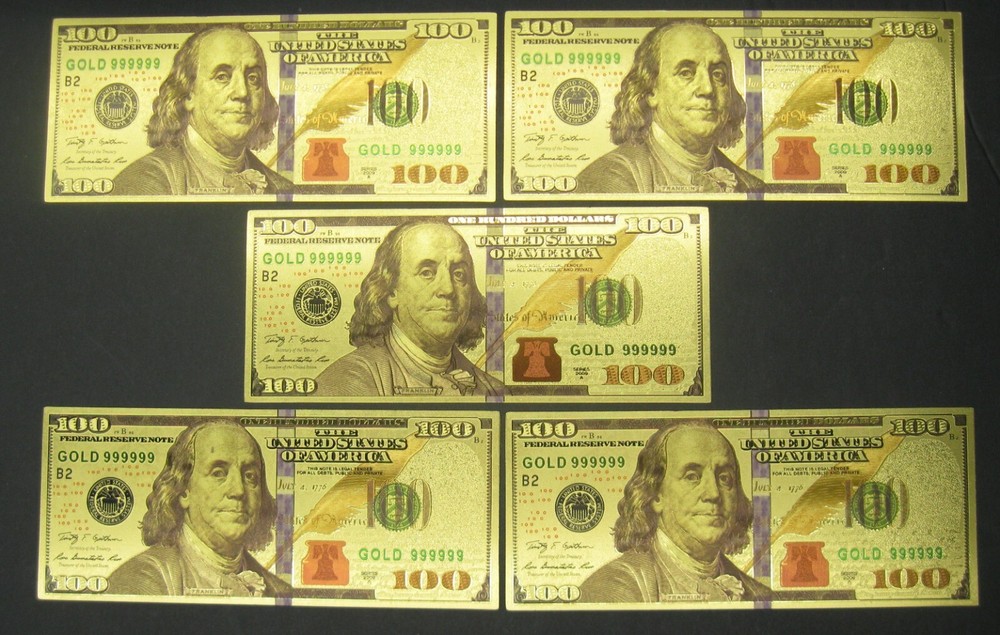 5 New Style Blue Stripe GOLD 24K 100 Dollar Novelty Bill Sharp FREE SHIPPING!