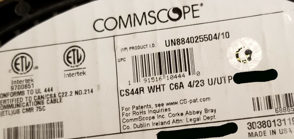 Commscope CS44R Cat6A U/UTP Network Ethernet 10G 10Gig Cable Riser White /100ft