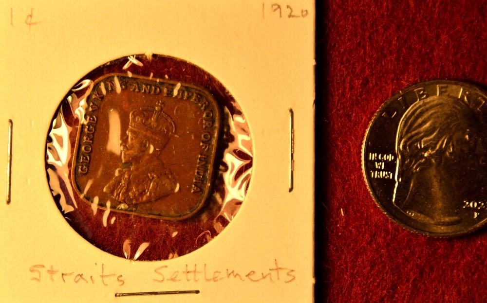 1920 Straits Settlements 1 Cent Square Coin.  (#A inventory)