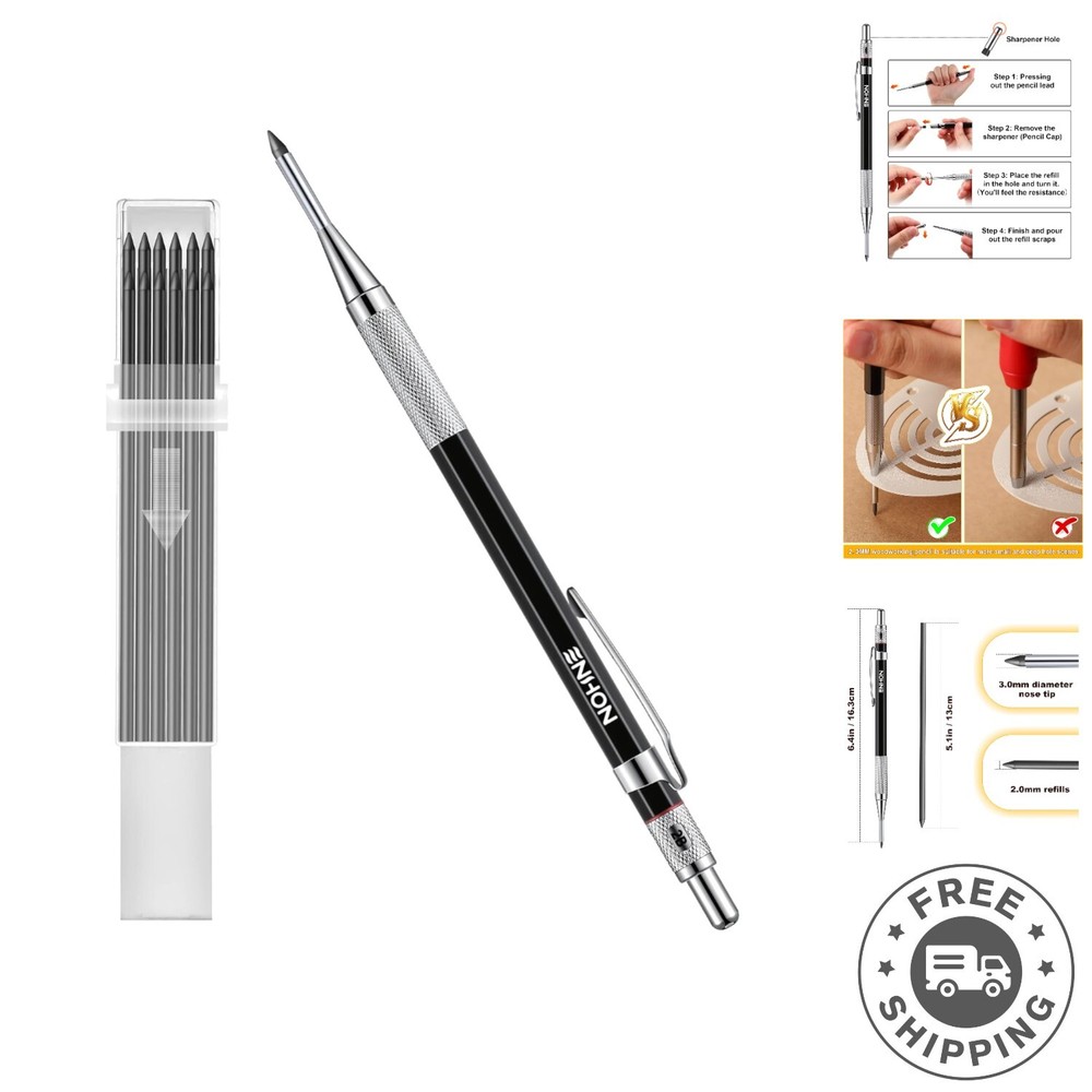 2mm Mechanical Carpenter Pencil Set with 12 Marker Refills and Sharpener, Woo...