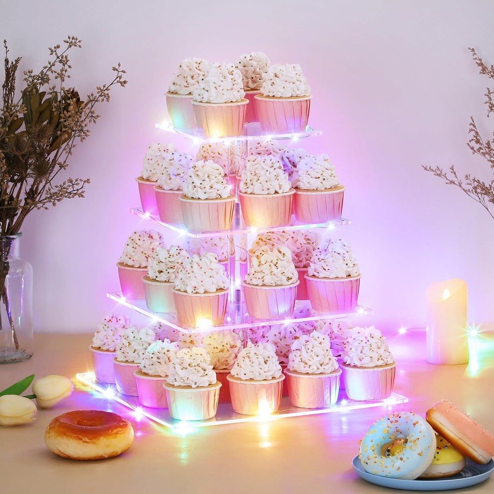 Versatile 4-Tier Cupcake Holder with LED String Lights - Durable Acrylic Design
