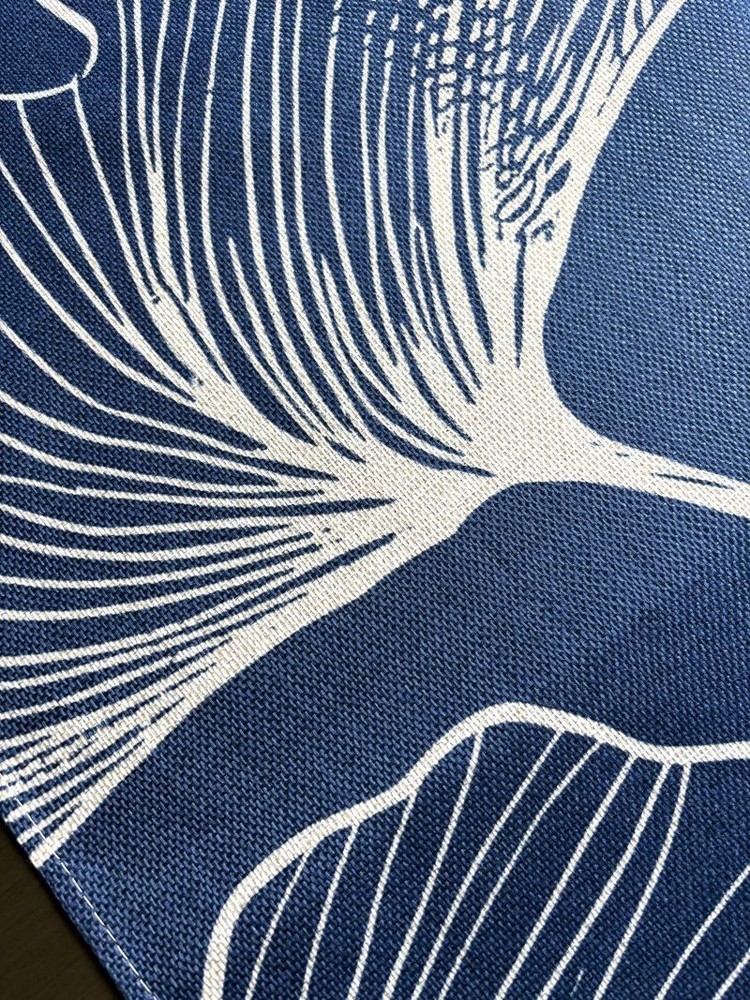 72" Navy Blue Off-White Elegant Modern Botanical Gingko Leaf Linen Table Runner