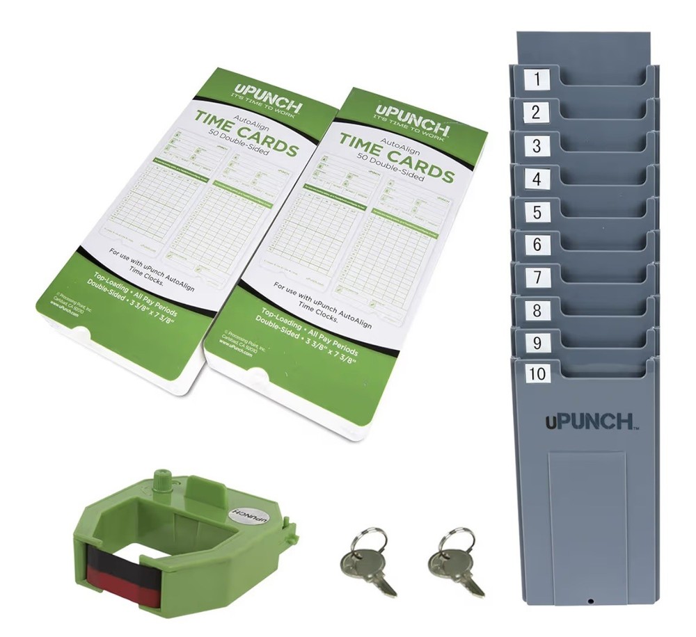NEW Upunch Hn1500 Time Clock Starter Bundle-Autoalign, 100 Time Cards, Rack!!