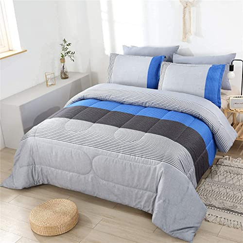 Striped Comforter Set Size, 3 Pieces Grey and Patchwork Stripe Full Blue