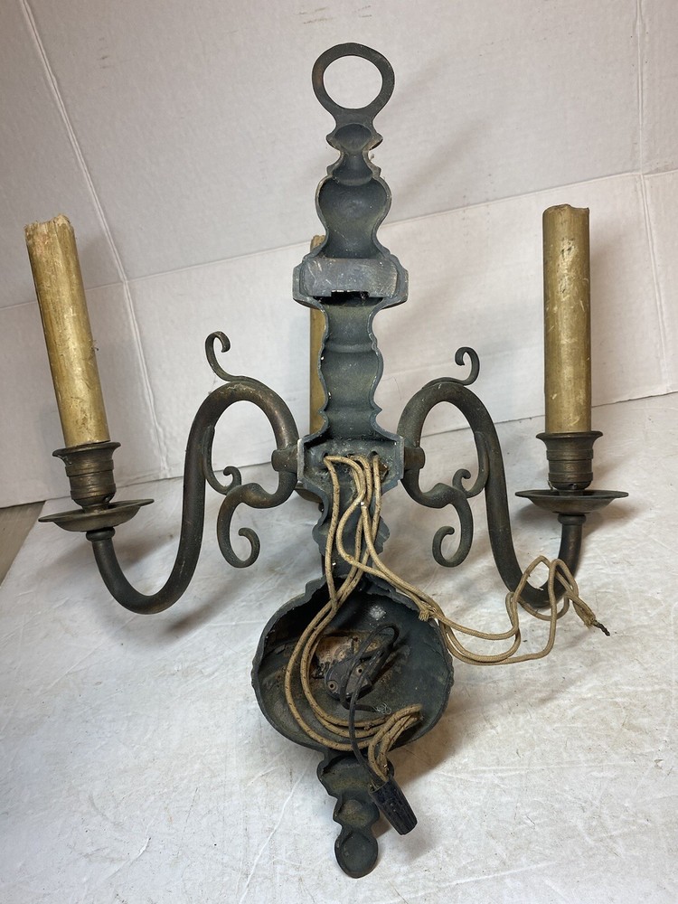 Antique Pair Brass Wall Hanging 3 Socket Light Sconces