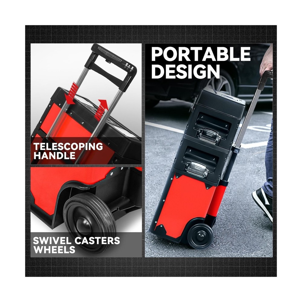 Auto Dynasty Stackable Tool Box 3-Tier Tool Separate Organizer Rolling Tool C...