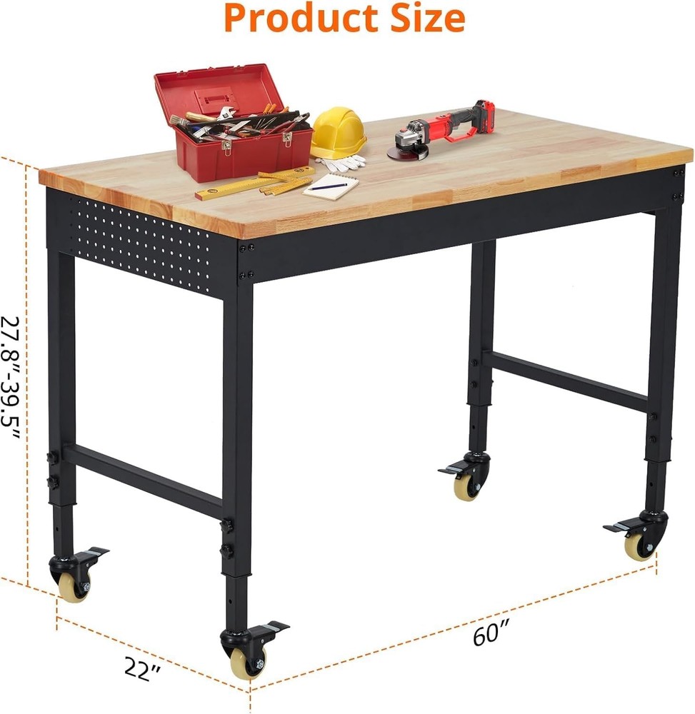 60" L Heavy-Duty Adjustable Workbench with Wheels & Power Outlets Work Bench