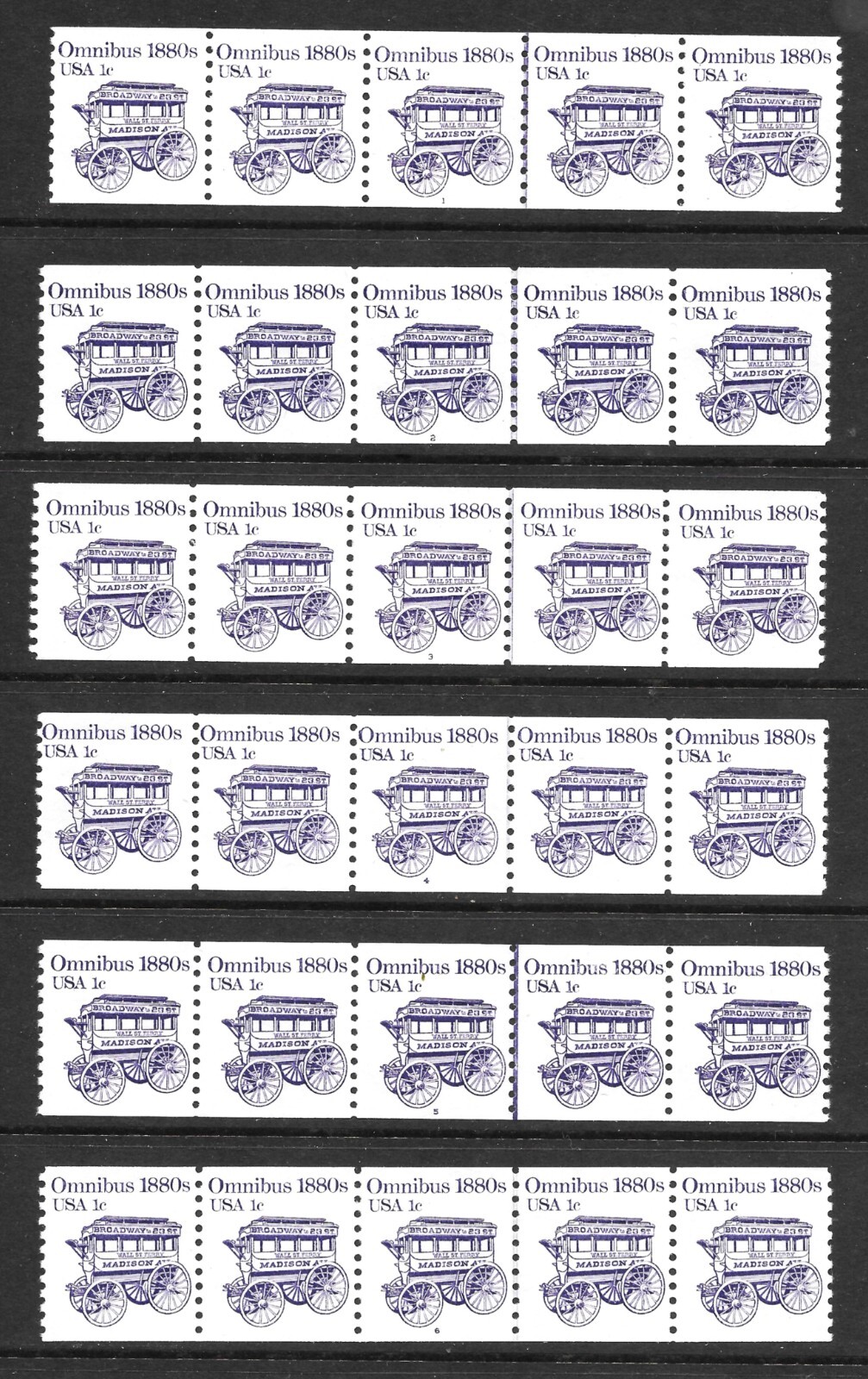 Scott # 1897 1c Omnibus PNC5s, Complete Plates #1-6, VF+ QUALITY! Cat.-$3.00