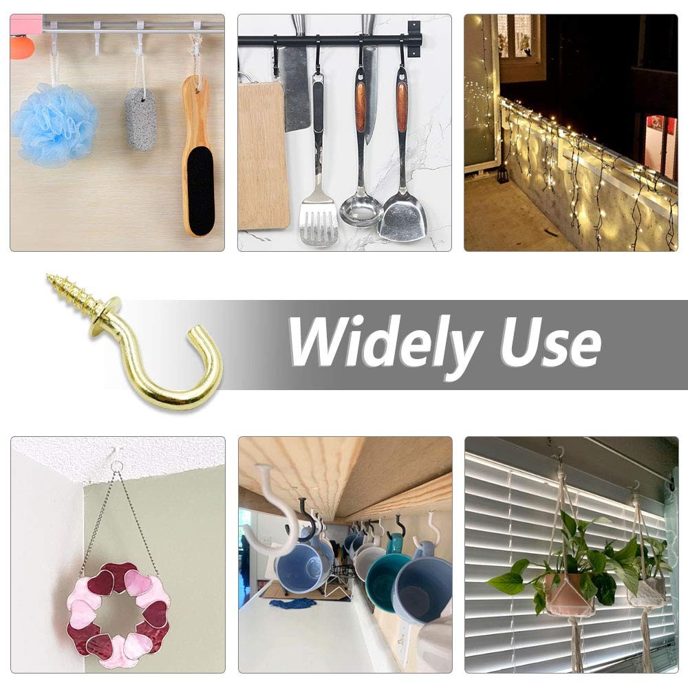 100 Pcs Gold Cup Hooks 1/2" Ceiling Screw Hooks Self Tapping Hanging Hooks