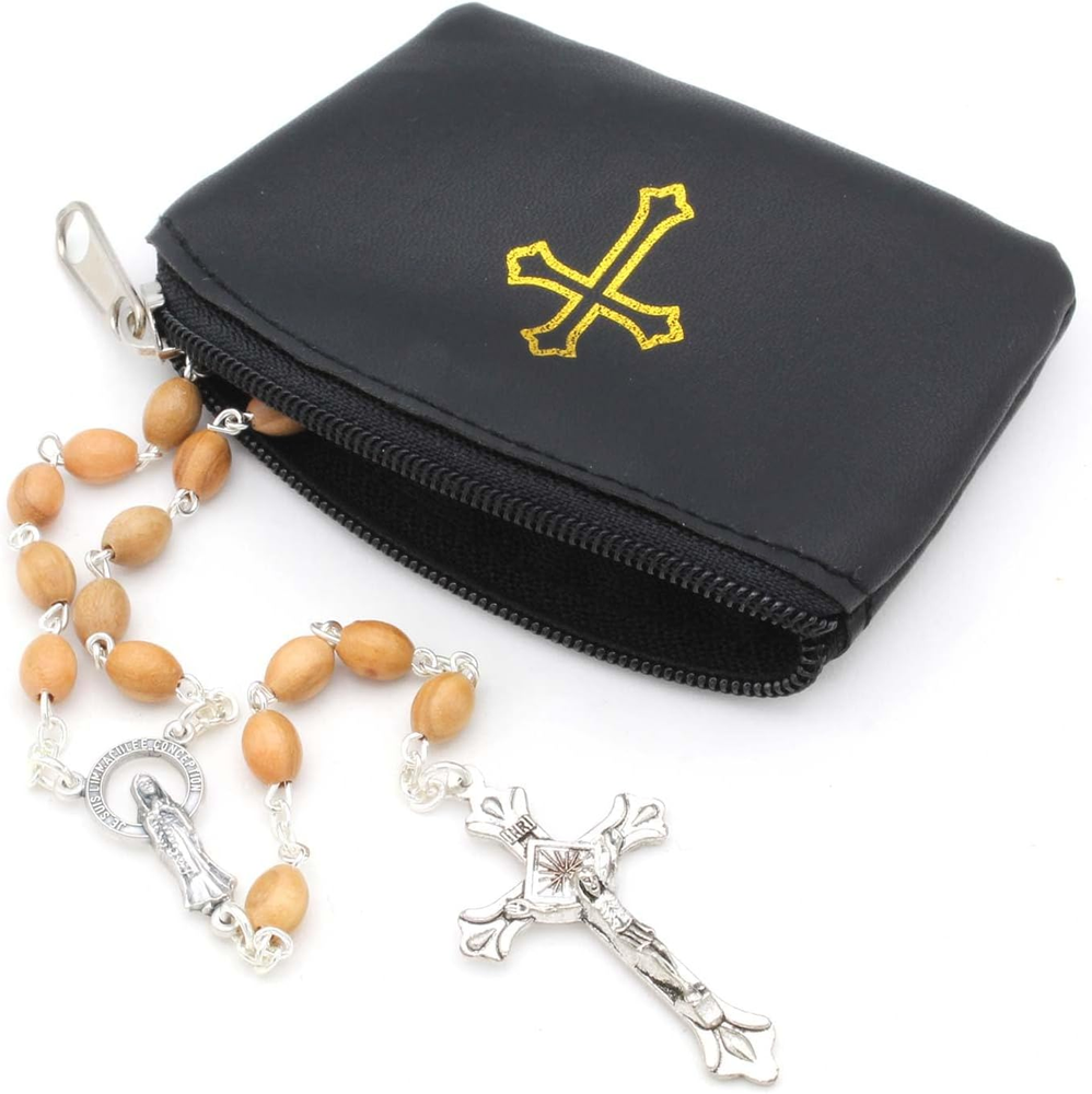 Black Rosary Pouch with Zipper and Gold Cross Imprint