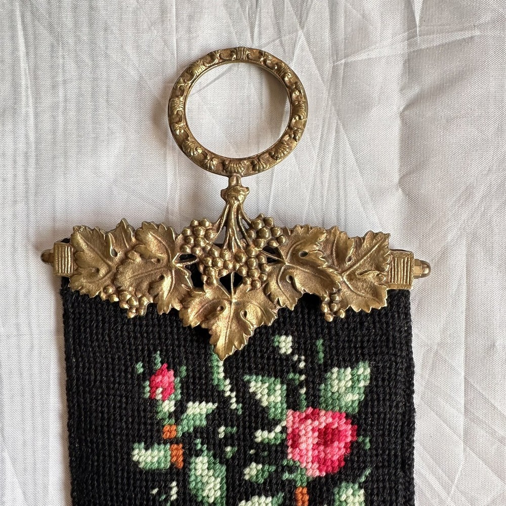 Vintage Black Needlepoint Flowers Bell Pull 42" With Brass Hardware